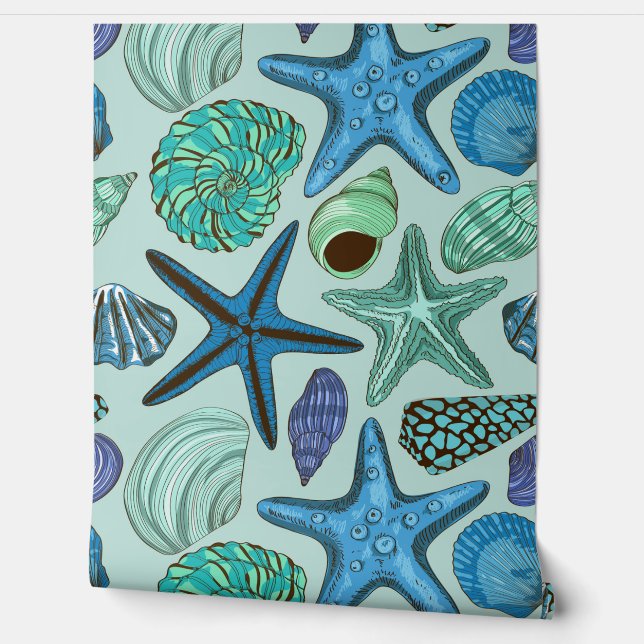 Papier Peint Tons De Coquillages Bleus Et Motif D'Écre (Déroulement)