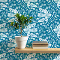 Tourterelles et fleurs blanches sur Turquoise Gree