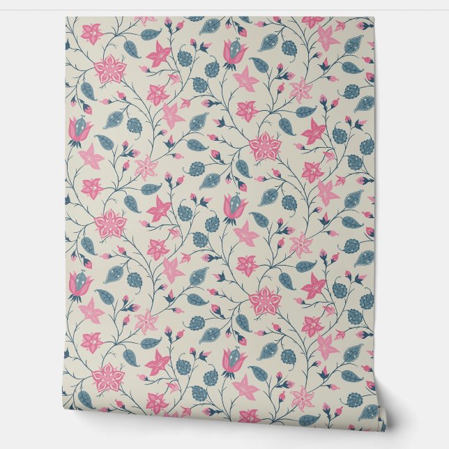 Papier Peint Trailing Floral - Paisley - Soft Pink & Dusty Blue (Déroulement)