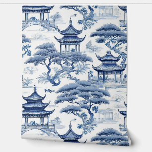 Papier Peint Tranquillité Jardin Chinoiserie Bleu & Blanc