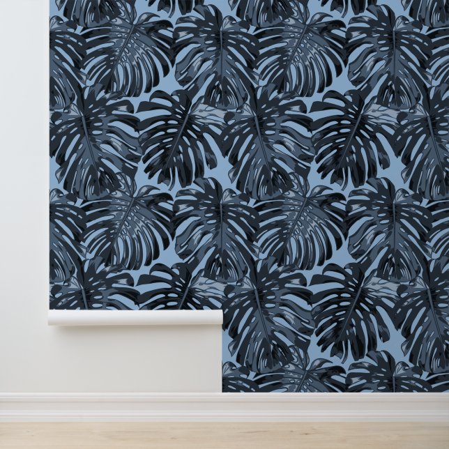 Papier Peint Tropical Dark Blue Black Jungle Leaves (Application)