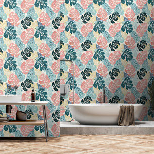Papier Peint Tropical Feuille Pastel Turquoise Rose Jaune