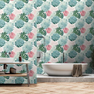Papier Peint Tropical Feuille Pastel Turquoise Vert rose