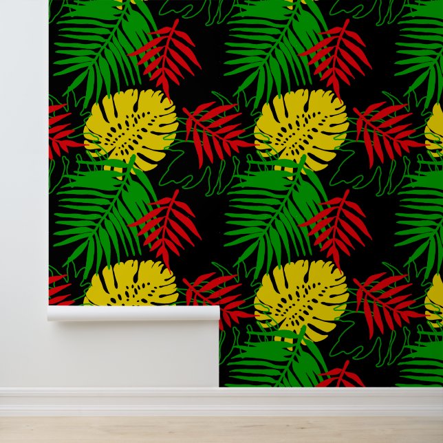 Papier Peint Tropical Jungle Feuille Motif Rasta Couleurs (Application)