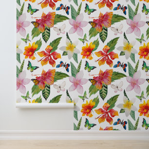 Papier Peint Tropical, Motif hawaïen w. Flore et papillons
