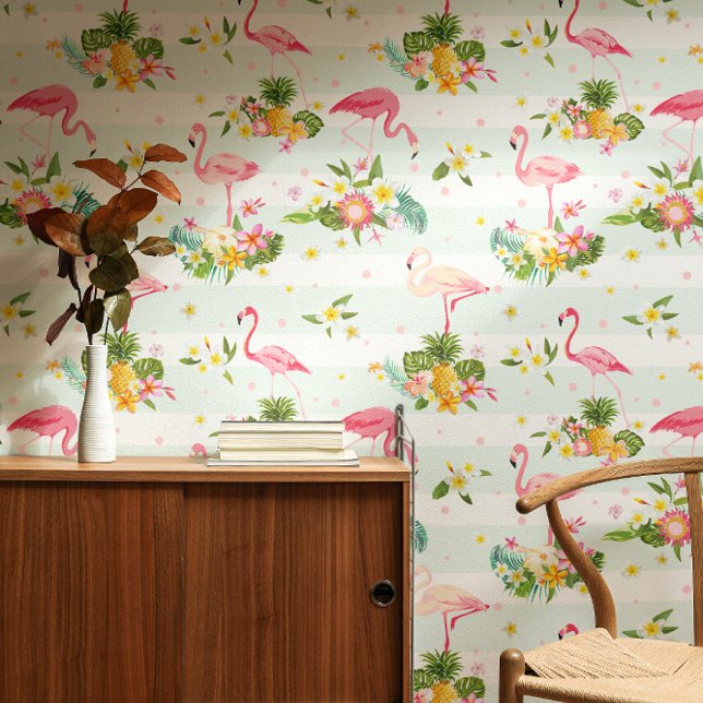 Papier Peint Tropical Pink Flamingos & Plant Pattern Striped (Créateur téléchargé)