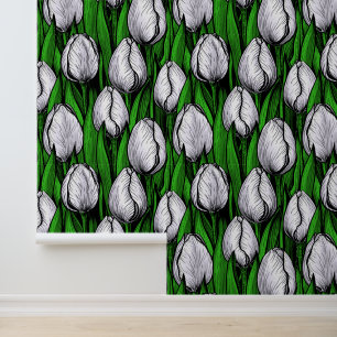 Papier Peint Tulières blanches avec feuilles verts
