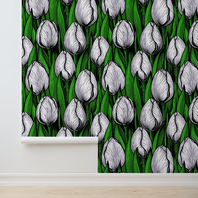 Papier Peint Tulières blanches avec feuilles verts (Application)