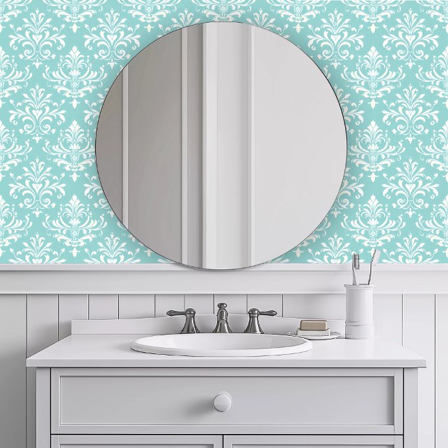 Papier Peint Turquoise Élégant Monochrome (Monochromatic Elegant Turquoise Wallpaper in a white bathroom.)