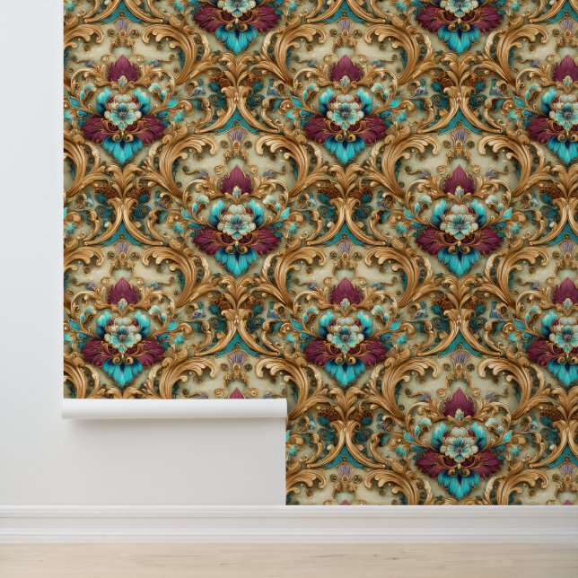 Papier Peint Turquoise et Or Damassé Orné (Application)