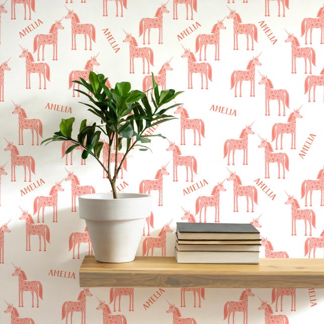 Papier Peint Unicorne Nom personnalisé rose (Personalized custom name pink unicorn peel and stick wallpaper for a nursery, baby or girl’s room)
