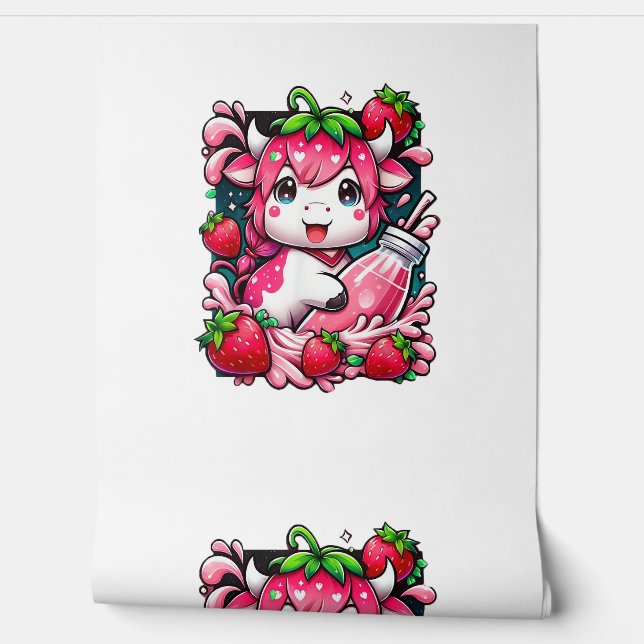 Papier Peint Vache de fraise Kawaii Anime Lait de fraise (Déroulement)