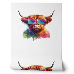 Papier Peint Vache écossaise Highland en lunettes de soleil Eau