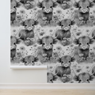 Papier Peint Vache Highland en Gris Fleurs sauvages