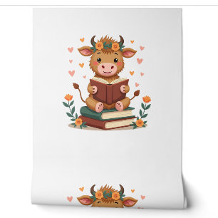 Papier Peint Vache Highland Vintage lisant des livres Floral Cu