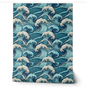 Papier Peint Vagues de l'océan bleu motif japonais tropical d'é