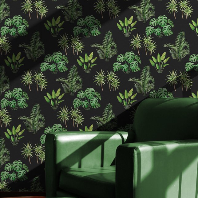 Papier Peint Verdure tropicale sur Motif noir (Moody Tropical Greenery Pattern on Black Wallpaper)