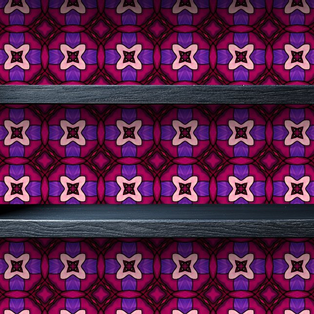 Papier Peint Verre tendu Magenta Arabesque Petite impression (Stained Glass Magenta Arabesque Small Print Wallpaper on a shelf)
