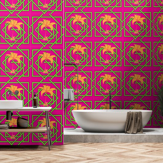 Papier Peint Vert Geo Floral Rose (Salle de bain)