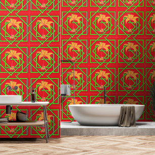 Papier Peint Vert Geo Floral Rouge