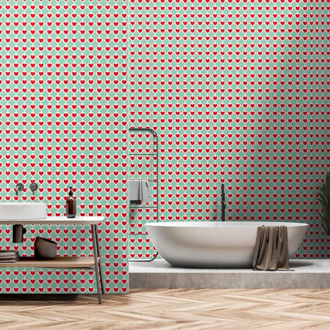 Papier Peint Vert Mousse de Mer à Cœur Rouge (Salle de bain)