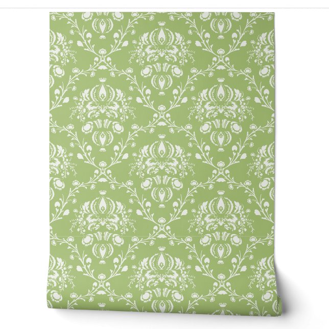 Papier Peint Vert mousse et damas blanc (Déroulement)