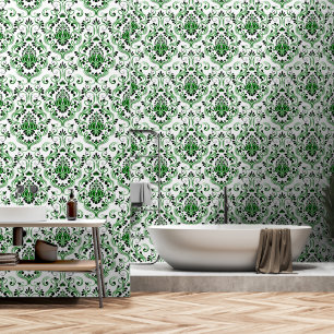 Papier Peint Vert noir et blanc Damas Floral écorce et bâton