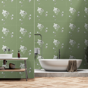 Papier Peint Vert olive tendance avec fleurs blanches