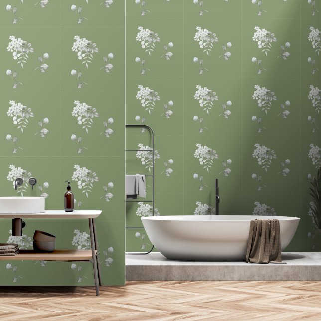 Papier Peint Vert olive tendance avec fleurs blanches (Salle de bain)