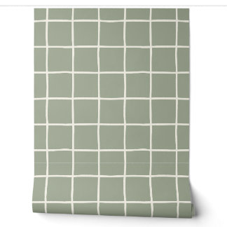 Papier Peint Vert sauge beige à carreaux en grille minimaliste
