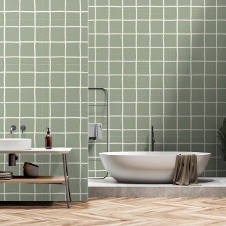 Papier Peint Vert sauge beige Grille Carreaux Scandi Minimalist