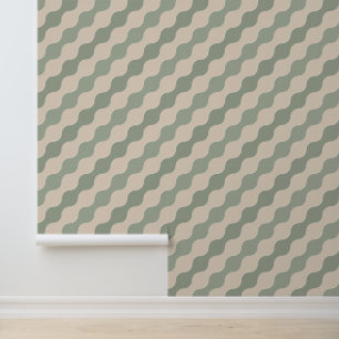 Papier Peint Vert sauge et crème Vague fluide Luxe Géométrique