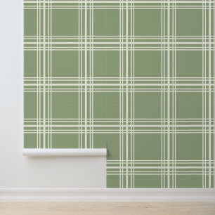 Papier Peint Vert sauge neutre tendance lignes de grille ivoire