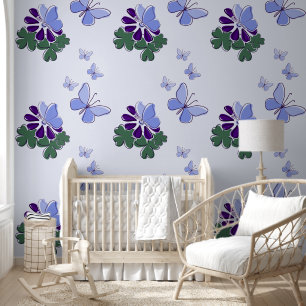 Papier Peint Vert violet bleu Doodle Fleur Papillons Accent