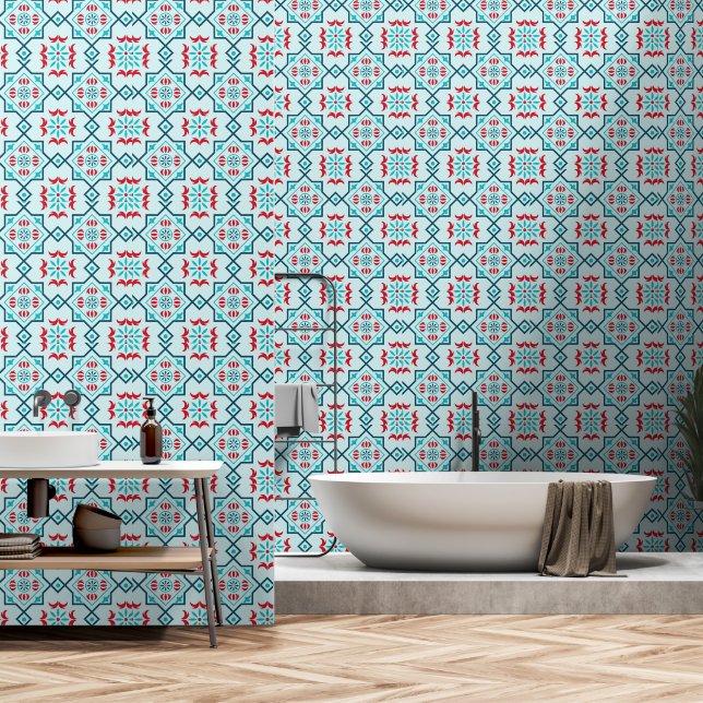 Papier Peint Vibrant Teal & Red Talavera Mexican Tile Pattern (Salle de bain)