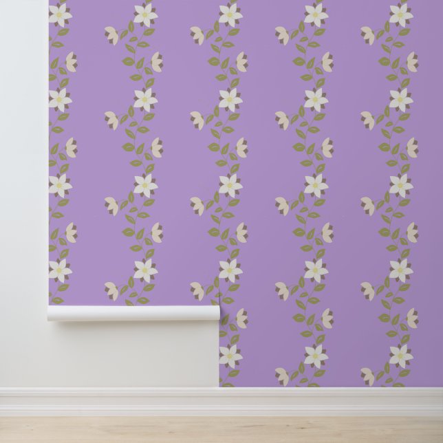 Papier Peint Vins à fleurs ondulées de Boho sur violet (Application)