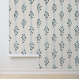 Papier peint vintage à rayures florales bleues pou