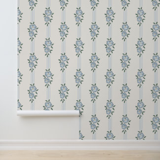 Papier peint vintage à rayures florales bleues pou