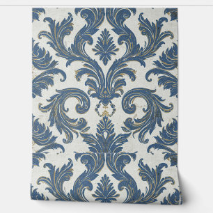 Papier Peint Vintage Bleu et or Baroque Damas