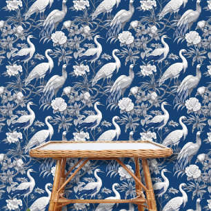 Papier Peint Vintage Chinoiserie Asiatique Oiseau Bleu Blanc Fl