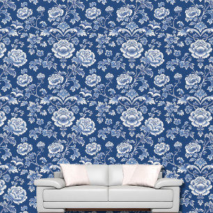 Papier Peint Vintage Classic Chinoiserie Bleu Blanc Floral