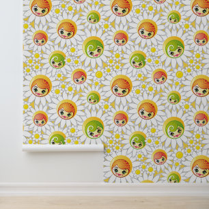 Papier Peint Vintage Jaune et blanc Fleur Faisée Poupée Face