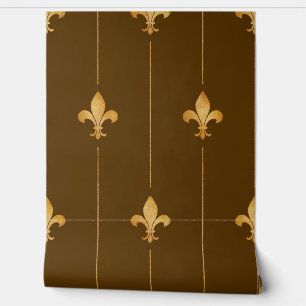 Papier Peint Vintage or Fleur de Lis Dark Brown