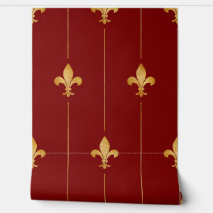 Papier Peint Vintage or fleur de Lis rouge foncé