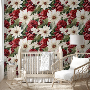 Papier Peint Vintage Rustique Fleurs de Noël Feuille Motif