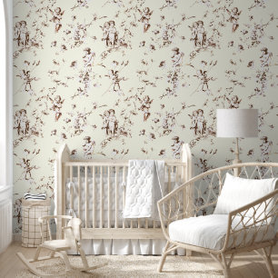 Papier Peint Vintages Anges cupides Floral Brown Ivoire Toile