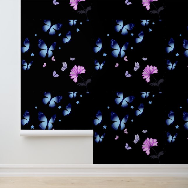 Papier peint vinyle texturé bleu papillon vibrant  (Application)