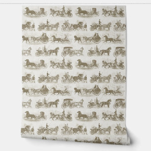 Papier Peint Voitures à chevaux vintage motif beige doré