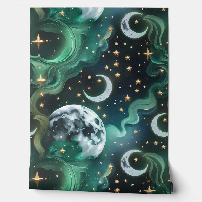 Papier Peint Wallpaper - Emerald Green Celestial Moon (Déroulement)