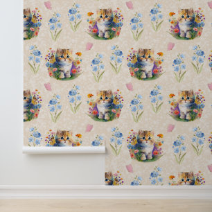 Papier Peint Watercolor Baby Kitten Chat Crème papillon floral
